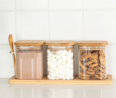 Glass Containers with Bamboo Lids Set, 2 Pack 15oz Square Jars