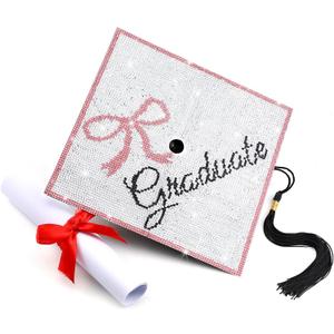 Knitgrip Graduation Cap Decoration Kit Pink Bow Diamond Grad Cap Topper for Her Graduation Gifts Glitter 2026 Diamond Painting Art Grad Hat Decorations for Girls DIY Craft Class of 2026 Graduate Gifts
