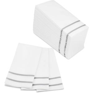 Fete Disposable Hand Towels for Bathroom, Silver Design 100 Linen-Feel Guest Towels Formal Dinner, Anniversary, and Wedding Napkins for Tables, Guestrooms, and Restrooms - 8.5x 4-Inches Folded, (Silver 2 Lines)