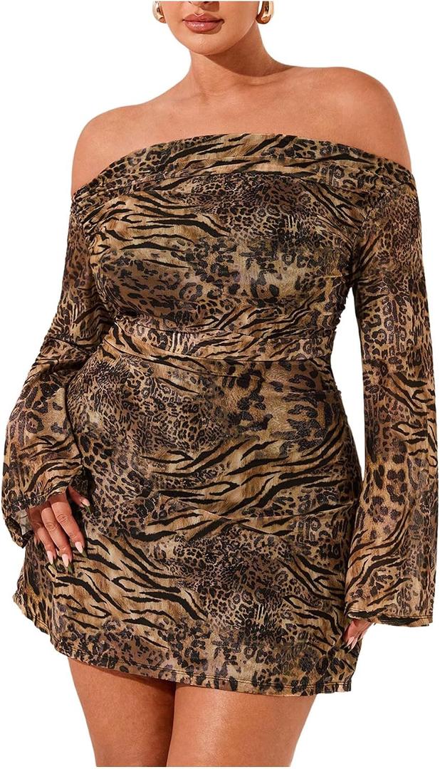 SOLY HUX Women's Plus Size Off The Shoulder Tie Dye Mini Dress Flared Long Sleeve Bodycon Party Dress Brown Leopard, X-Large Plus