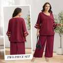 AOVDE Plus Size Pant Suits 2 Piece Casual Dressy Pantsuits Mesh Panel Bell Sleeve Outfits for Women Evening Dinner Party (Red)