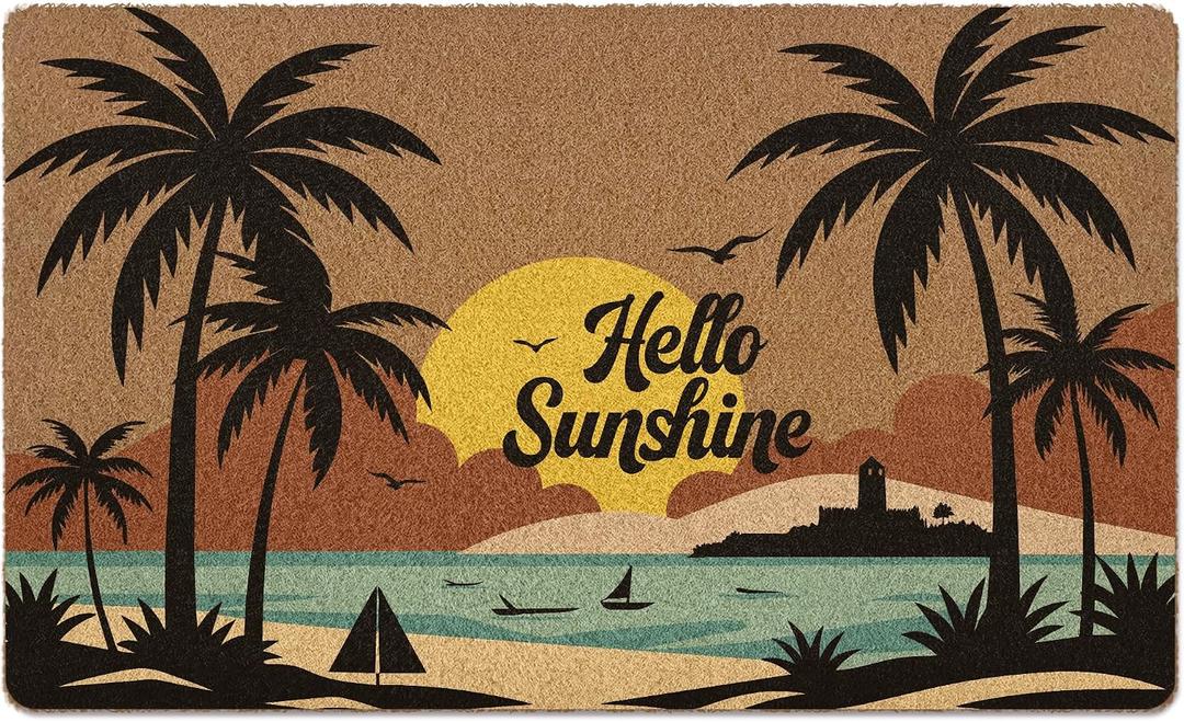 Beach Hello Sunshine Door Mat, Coastal Summer Doormat, Beach Welcome Front Door Mat Indoor Outdoor Entrance, Boho Beachy Artificial Coir Doormats Rugs for Patio Entry Home Decor, 30x17in