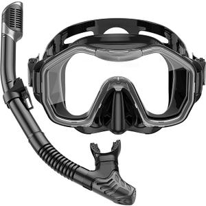 Kwambiri Snorkeling Gear for Adults Kids, Dry-Top Snorkel Set, 180°Panoramic Wide View Diving Mask Breathing Freely Snorkel Mask for Snorkeling Scuba Diving Swimming Travel (Black, Adults)