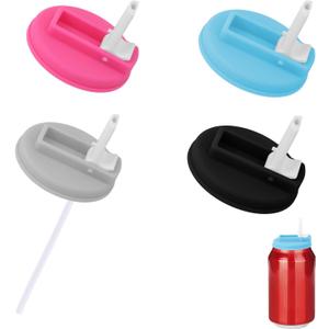 4pcs Soda Can Lids with Straws, Silicone Plastic Soda Can Covers Reusable Kitchen Tools Fits Standard Canned Beverage Beer Juice (Blue, Black, Gray, Rose Red)