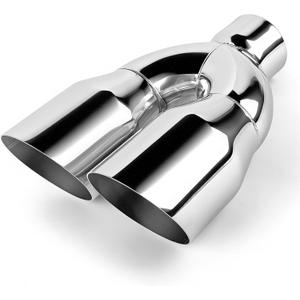 Fit for 2.5 Inch Inlet 2x3.5" Outlet 10" Overall Length Stainless Steel Weld-On Dual Round Angle Exhaust Tip Duo Layer 2.5"X(3.5"X2) X10" EXT42