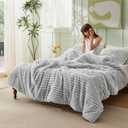 Bedsure Comforter Set Queen Size - GentleSoft 3 Pieces Double-Side Fleece Fluffy Light Grey Comforter Set, Cozy Striped Room Decor Aesthetic, Luxury Bedding Queen Size, 2 Pillowcases, 90x90 Inches