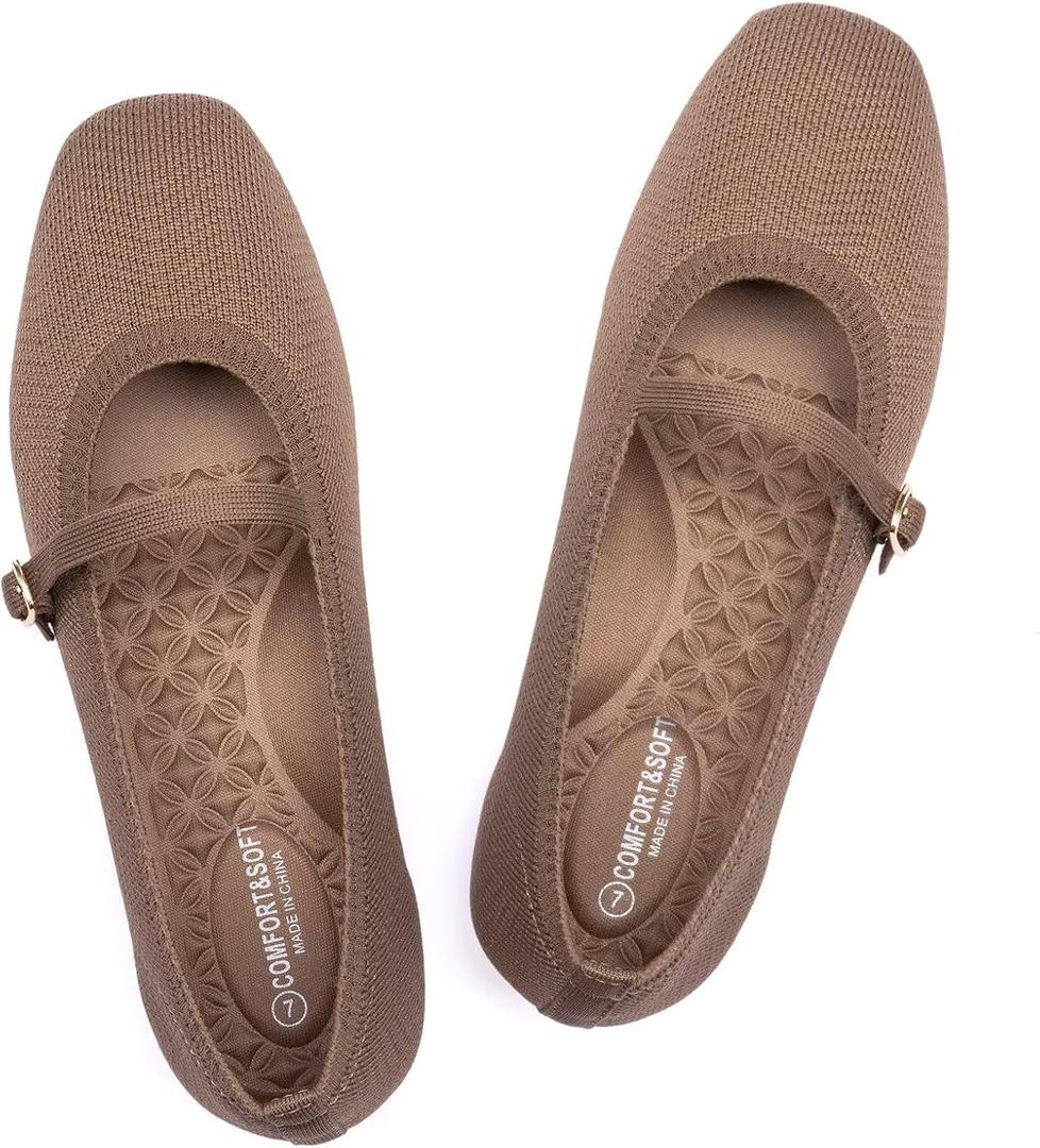 Frank Mully Mary Jane Women Flat Shoes Slip on Square-Toe Washable Shoes Comfortable for Dressy and Work with Ankle Strap Brown, US 10