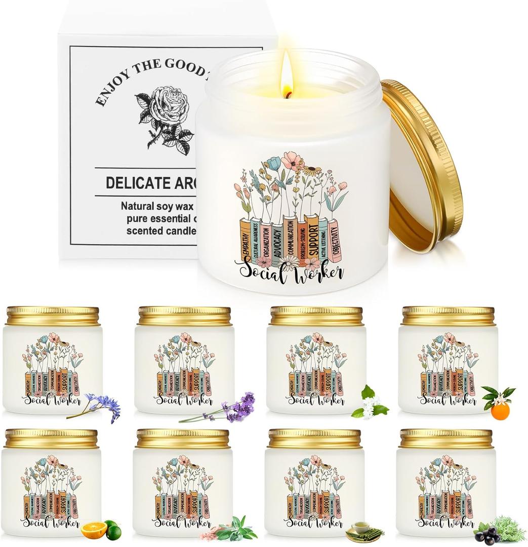 Lewtemi 8 Pcs Social Worker Appreciation Gifts Bulk Jar Candle Soy Wax Scented Candles Social Worker Month Gift for Women Men Coworker Retirement Graduation Birthday Party Favors