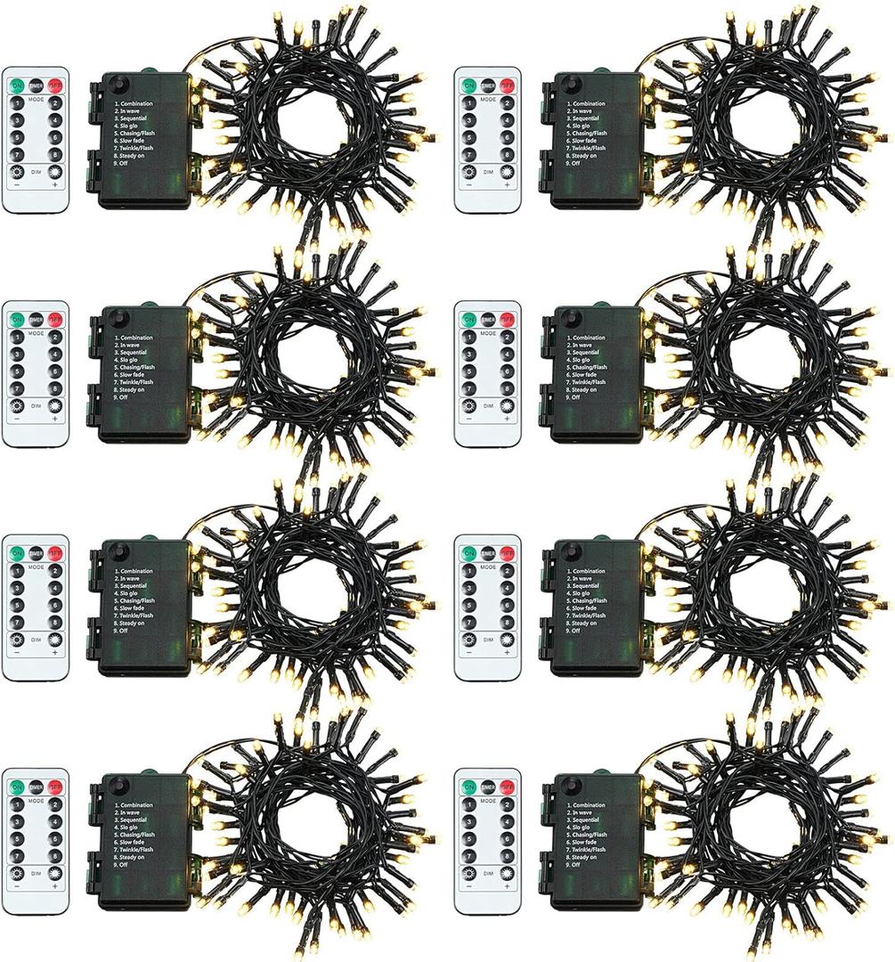 Tuanse 8 Pack Battery Operated Outdoor Christmas Tree String Lights,16.4 ft Mini Light Outdoor Christmas Lights with 50 Led of Dark Green Cable Lighting for Bedroom Garden Yard (Warm Light)