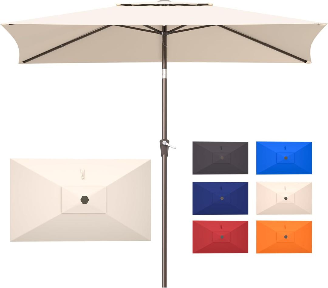 6.6x10ft Rectangular Patio Umbrella, 2 Tiers Outdoor Table Umbrellas with Push Button Tilt and Crank for Patio, Pool, Backyard, Deck, Picnic, Yard (Beige)