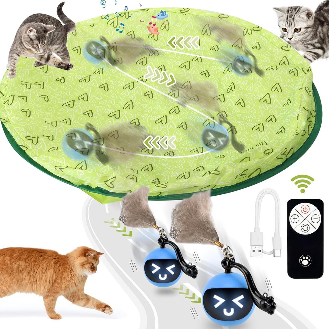 Interactive Cat Toy Ball, Smart Rolling Hide and Seek Cat Toy for Indoor Cats, Remote Control Motion Activated Chirping Hunting Toy in Pouch (Green)