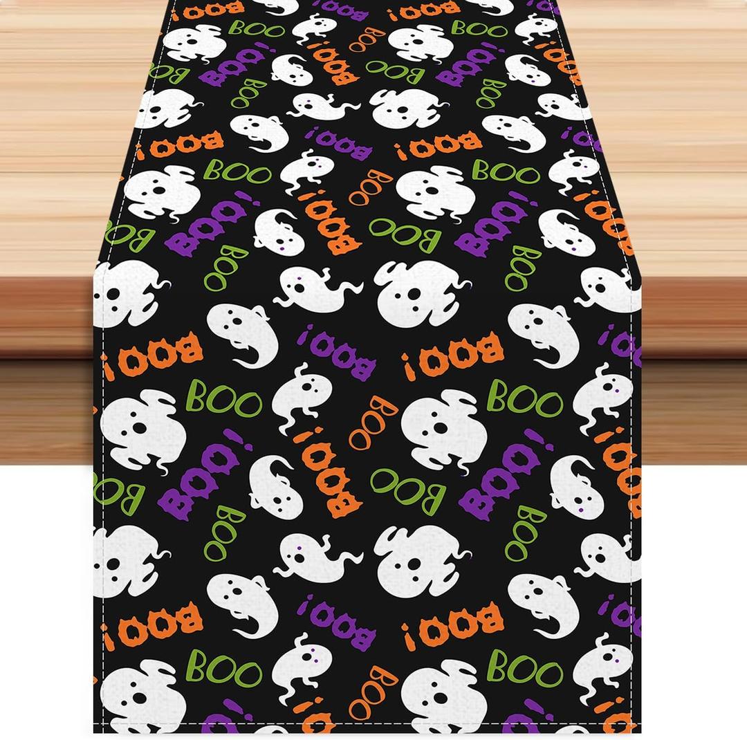 Halloween Ghost Table Runner 13x72 Inches, Black Boo Holiday Indoor Outdoor Table Decoration for Home Decor, Halloween Party Decoration Spooky Table Decor for Kitchen Dining Fireplace