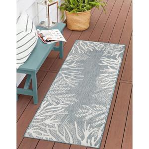 Liora Manne Carmel Indoor/Outdoor Power Loomed Synthetic Blend Low Profile Area Rug - Transitional Coastal Ocean Decorative (Reef Border Aqua) (1'11" x 4'11") (1'11" x 4'11" (Runner))