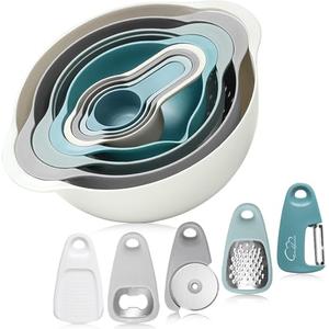 Mixing Bowls for Kitchen, 13 Piece Plastic Nesting Bowls Set Includes 2 Mixing Bowls, 1 Colander, 1 Sifter, 4 Measuring Cups, 5 Kitchen Gadgets for Baking Prepping Cooking and Serving, BPA Free