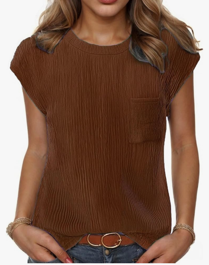 HOTOUCH Cap Sleeve Shirt Top for Womens Trendy Crew Neck Blouse Basic Textured Tshirts Tunic with Pocket (Small, Black)