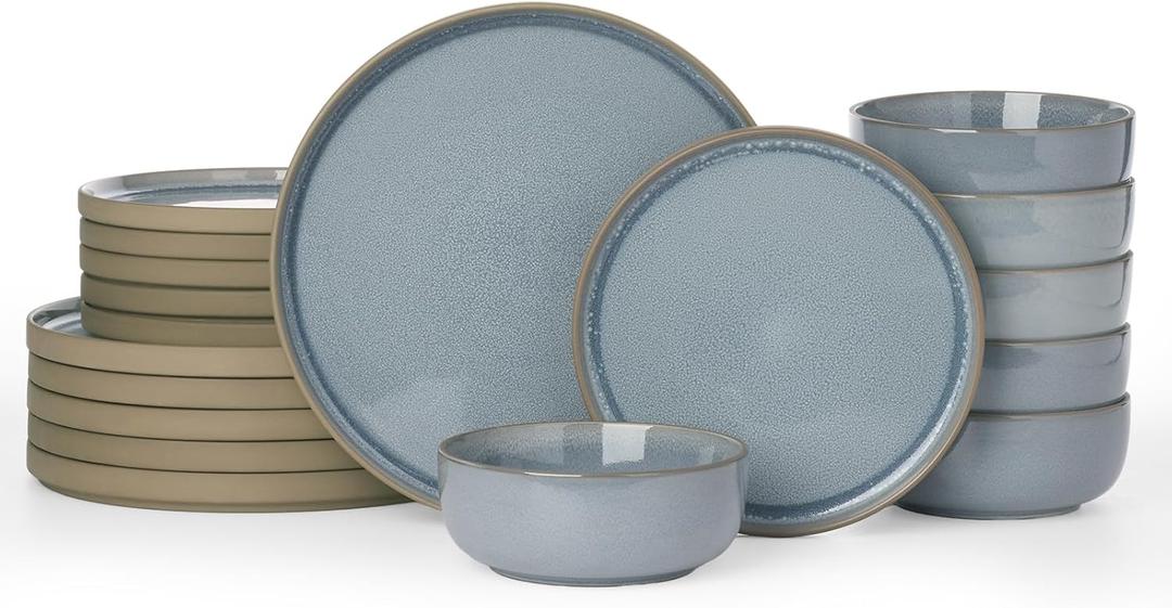 Famiware Nature Plates and Bowls Set, 18 Pieces Dinnerware Sets, Dishware Sets, Dishes Set for 6, Microwave and Dishwasher Safe, Light Blue