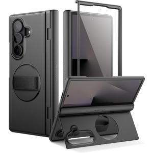 SURITCH for Samsung Galaxy Z Fold7 Case with 360 Rotatable Hand Strap Phone Grip Holder & Invisible Kickstand & Screen Protector, Protective Cover for Fold 7 -Black