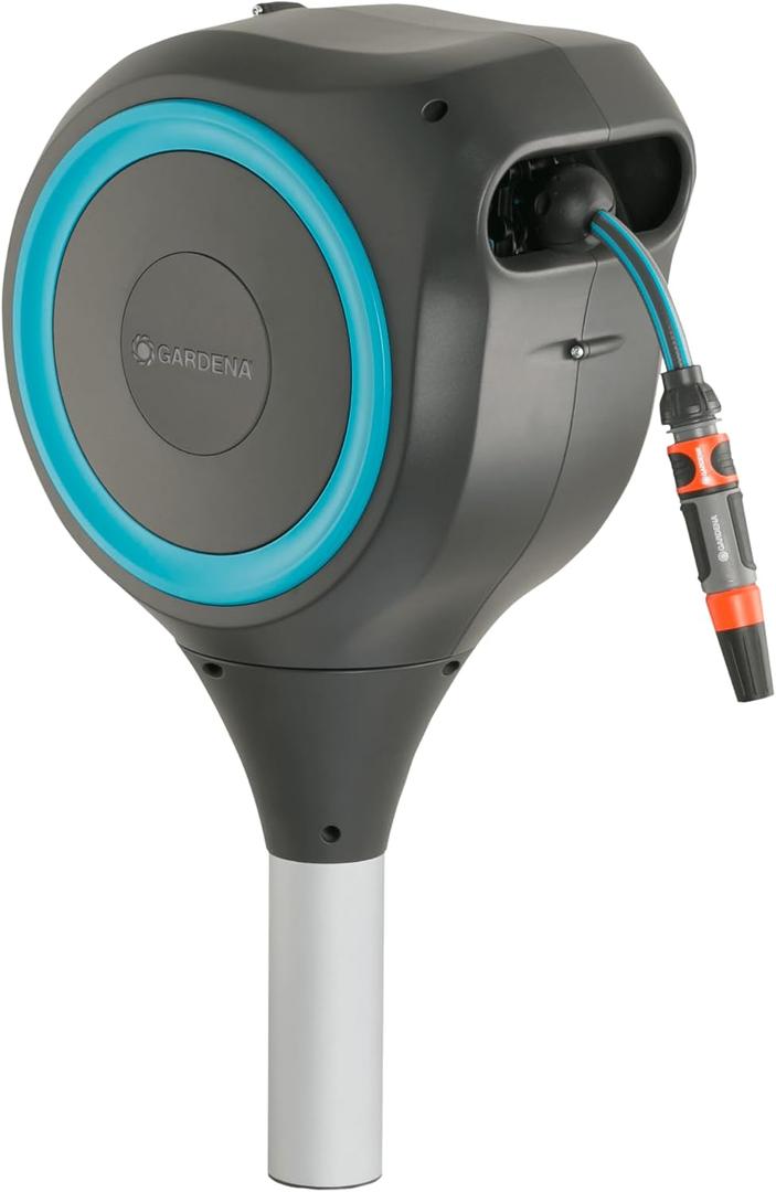 GARDENA Automatic Retractable Garden Hose Reel - 50 Feet - 360 Degree Swivel Outdoor Hose Reel with Metal Spike Base - Auto Retract - UV Resistant Housing - Easy Install No Tools Required - 18604