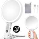 Travel Makeup Mirror with Lights, 1X/20X Magnifying Lighted Makeup Mirror with LED Display ,2-Sided Rechargeable Beauty Mirror with 3 Color Lights & Touch Control, Adjustable Vanity Mirror for Women