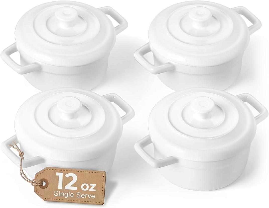 Lareina Mini Cocotte - 12oz Ceramic Casserole Dishes - Kitchen Casserole Sets With Handles And Lid - Small Baking Ramekins - Oven, Microwave & Dishwasher Safe - Set of 4 - White