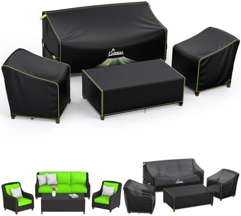 UIRWAY Patio Furniture Covers 4 Piece Set, Outdoor Furniture Covers Waterproof 4 Piece, Heavy Duty Patio Furniture Set Covers with Windproof Buckle Strap and Drawstring, Black