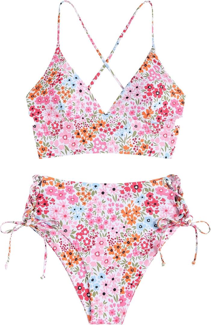 ZAFUL Women's Boho Mix and Match Swimwear Two Piece Bikini with High Waisted Bathing Suits 4-2Pink, L