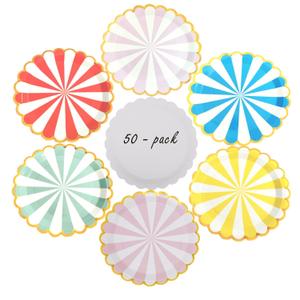 Colorful Striped Paper Plates with Gold Scalloped Edge, 9 Inch Disposable Plate, 50 Pack, Party Tableware for Birthday Celebrations,Christmas and Halloween Decorations, Soft 6 Colors