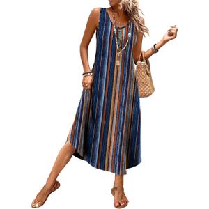 WIHOLL Summer Dresses for Women Scoop Neck Flowy Beach Vacation Clothes Spring Casual Dresses Midi Sun Dress Maxi Dress Cruise Resort Wear 2026 Summer Outfits Sundresses for Women Blue Stripe L
