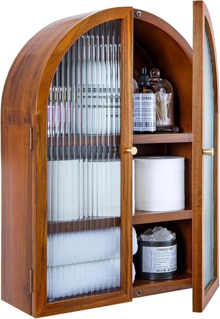 MyGift Medicine Cabinet, Arched Wall Cabinet, Bathroom Medicine Wall Mounted Cupboard, Mid Century Style Floating Storage Cabinet with Glass Door, Natural Acacia Wood, Large