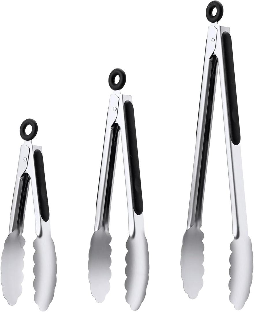 Stainless Steel Tongs Set, Food Grade Stainless Steel Kitchen Tongs, Heat Resistant 600 Degrees, for Cooking, BBQ Barbecue, Grilling, Buffet, Serving (7"+9"+12")