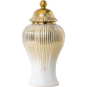 Ginger Jar, Decorative Porcelain Ginger jar with lid, White Gold Ceramic Vase for Decor Decor, Kitchen, Bookshelf Decor, Storage jar, Table Center Vase(9in)
