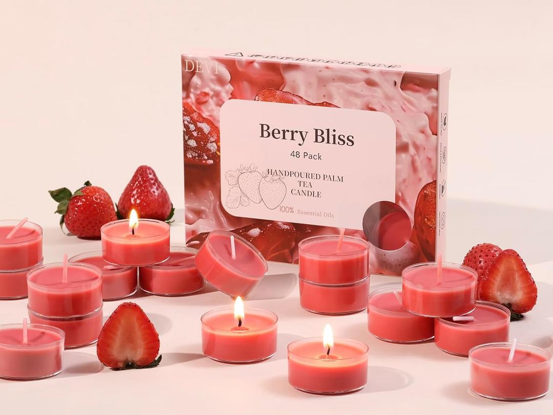 DEVI Strawberry Scented Tealights Candles 48 Pack, 3.5-4 Hours Natural Palm Tea Candles Bulk for Home Scented, Red Small Votives with Essential Oils for Home Aromatherapy, Gifts