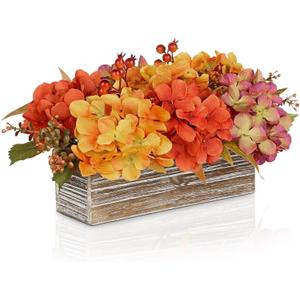Fall Hydrangea Artificial Flowers for Decoration In Rustic Wood Planter, Faux Fall Flowers Arrangement with Berries for Table Centerpieces, Falls Decor Fake Hydrangea for Autumn, Harvest, Thanksgiving