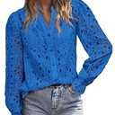 MASCOMODA Womens Tops Dressy Casual Fall Puff Long Sleeve Eyelet Button Shirts V Neck Lace Embroidered Hollow Out Work Blouse(Blue,Medium)