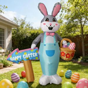 5Ft Inflatable Easter Bunny with Happy Easter Sign and Egg Basket, LED Lights, Outdoor Yard Decoration (1.5M) (Easter Bunny)