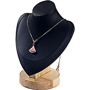 Wooden Small Portrait Necklace Display Stand with Black Leather Soft Mat Mannequin Bust Model Jewelry Organizer Holder for Craft Shows Selling Shows Home Decor (Black, Small)