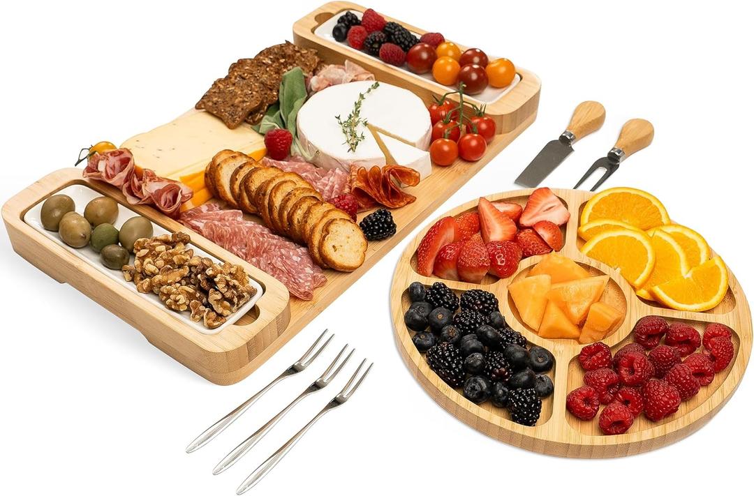 Charcuterie Board Gift Set - Bamboo Cheese Board & Serving Tray for Meat, Cheese, Crackers, Fruit - Large Wooden Charcuterie Boards for Parties - Wedding, Housewarming, Birthday Gifts for Women