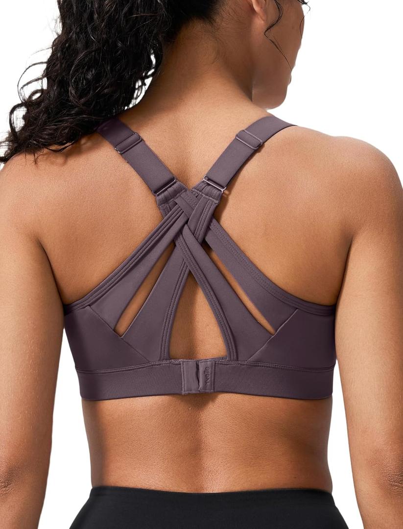 Yvette Sports Bra High Impact Adjustable Criss Cross Back, Full Support for Large Bust No Bounce (3X-Large Plus, Dark Purple)