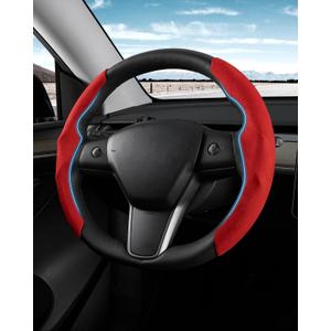 Shademax Custom-Fit for Tesla Steering Wheel Cover, Tesla Model Y/3 2017-2025 2026 (Fit Model Y Juniper 2026/ Model 3 Highland) Suede Steering Wheel Cover Non-Slip,Tesla Model Y/3 Accessories (Red)