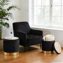 Round Ottoman with Storage Set of 2 Upholstered Velvet Vanity Stool for Living Room Storage Ottomans Multifunctional Foot Rest (Black with Bottom Gold)