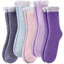 Yebing Fuzzy Socks for Women Fluffy Slipper Winter Warm Cozy Plush Sleep Heart Gift Socks 5 Pairs Mix Color Pink Purple