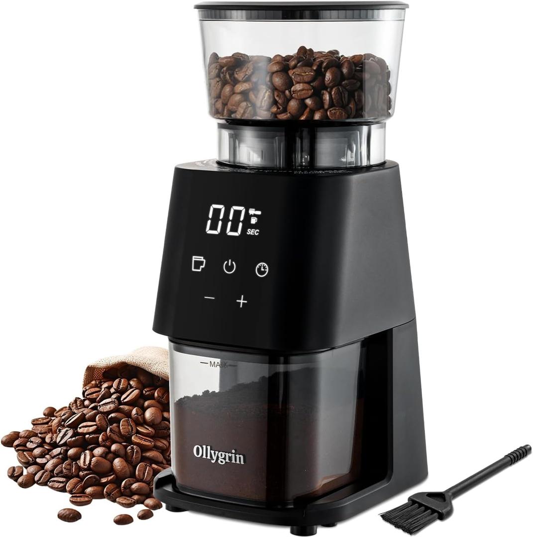 Ollygrin Conical Burr Coffee Grinder Electric Coffee Bean Grinder with Digital Timer 30 Precise Grind Settings Adjustable Burr Mill Grinder for 2-12 Cups Espresso Drip and French Press