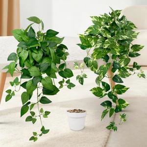 Artificial Hanging Plants with White Pots 2 Pack Fake Pothos Potted Plants Faux Ivy Vines 23.6, Realistic Greenery Hanging Fakeplants Indoor for Home Decor, Bedroom, Bathroom, Office, Living Room