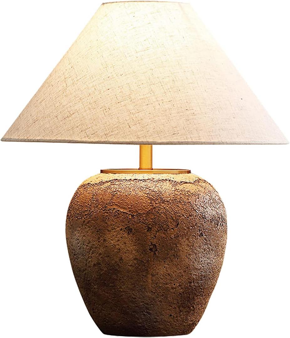 Rustic Farmhouse Clay Pot Table Vintage Distressed Ceramic Table Lamp with White Fabric Lampshade American Southwestern Textured Ceramic Lamp for Living Room Bedroom Office