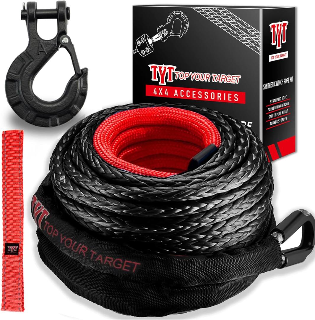 TYT Synthetic Winch Rope Kit - 3/8" x 92' with 27000 lbs Strength, Protective Sleeve, Heavy Duty Hook and Safety Pull Strap for Off-Road 4x4 Vehicles (Black) TYT Synthetic Winch Rope Kit - 3/8" x 92' with 27000 lbs Strength, Protective Sleeve, Heavy Duty Hook and Safety Pull Strap for Off-Road 4x4 Vehicles (Black)