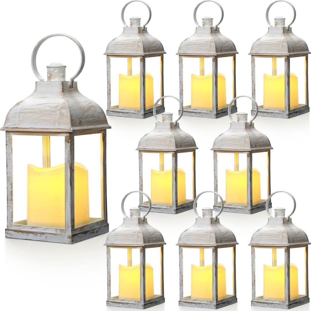 8 Pcs 10 inch White Decorative Candle Lantern Bulk for Wedding Centerpieces White Lanterns with LED Flameless Candle Indoor Outdoor Battery Powered Hanging Lights for Wedding Party