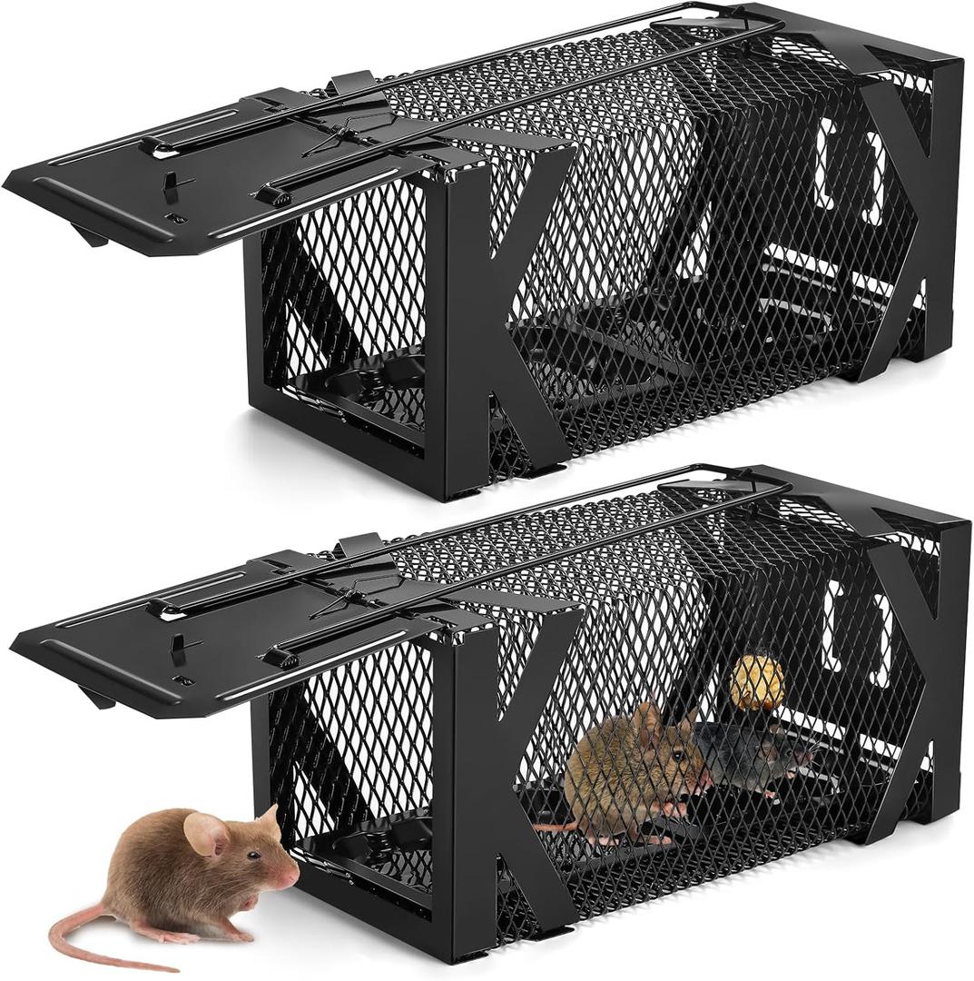 Qualirey 2 Pack Humane Rat Trap 9.8 Inch Upgraded Chipmunk Rodent Squirrel Trap with Adhesive Pre Baited Glue Boards Small Live Animal Catch and Release Hamsters Live Cage for Outdoor Indoor Home