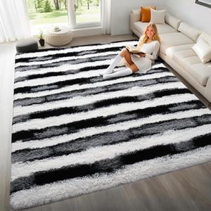 4x6 Feet Area Rugs for Living Room Bedroom,Black and White Machine Washable Soft Fluffy Shaggy Indoor Rug, Floor Carpet for Girls Boys Kids, Dorms, Nursery Rooms, Home Decor Aesthetic