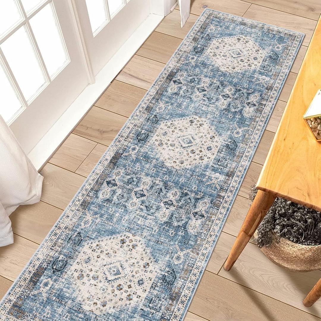 RUUGME Washable Runner Rug 2x7 - Vintage Kitchen Area Rug Stain Resistant Rugs for Living Room Bedroom Laundry Room Mat Distressed Rug Hallway Floor Carpet Runner for Bathroom 2'x7' Aqua Blue