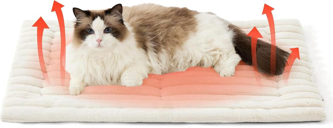 Bedsure ComfyFleece Self Warming Cat Bed, Medium Self Heating Dog Crate Pad, Thermal Extra Warm Puppy Mat Indoor, Non-Slip & Washable, Not Electric, 30" x 20", White